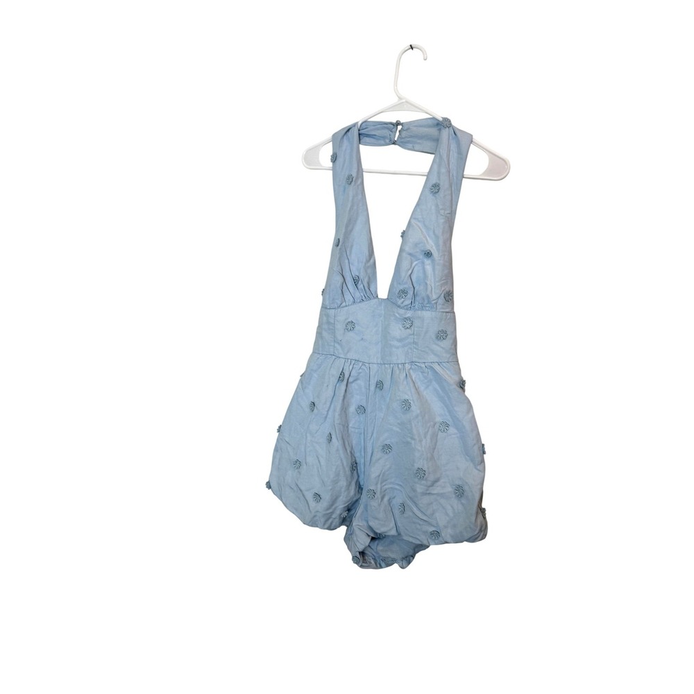 Maeve Romper Womens 4 Blue Embroidered Halter Tie Back Linen Blend Floral Shorts
